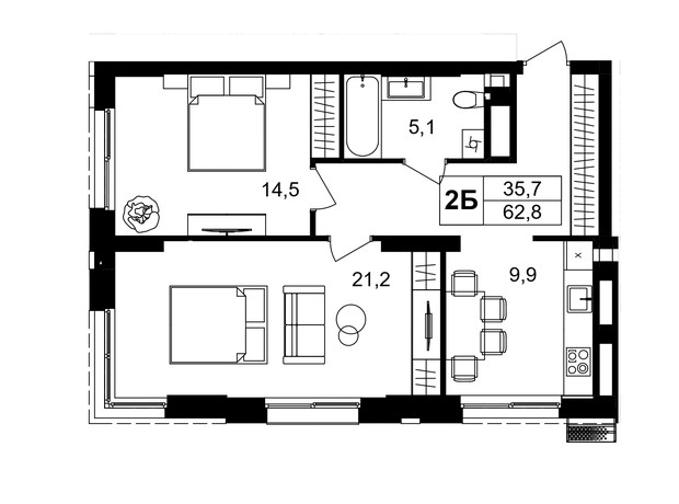 ЖК Central Park Vinnytsia: планування 2-кімнатної квартири 62.8 м²