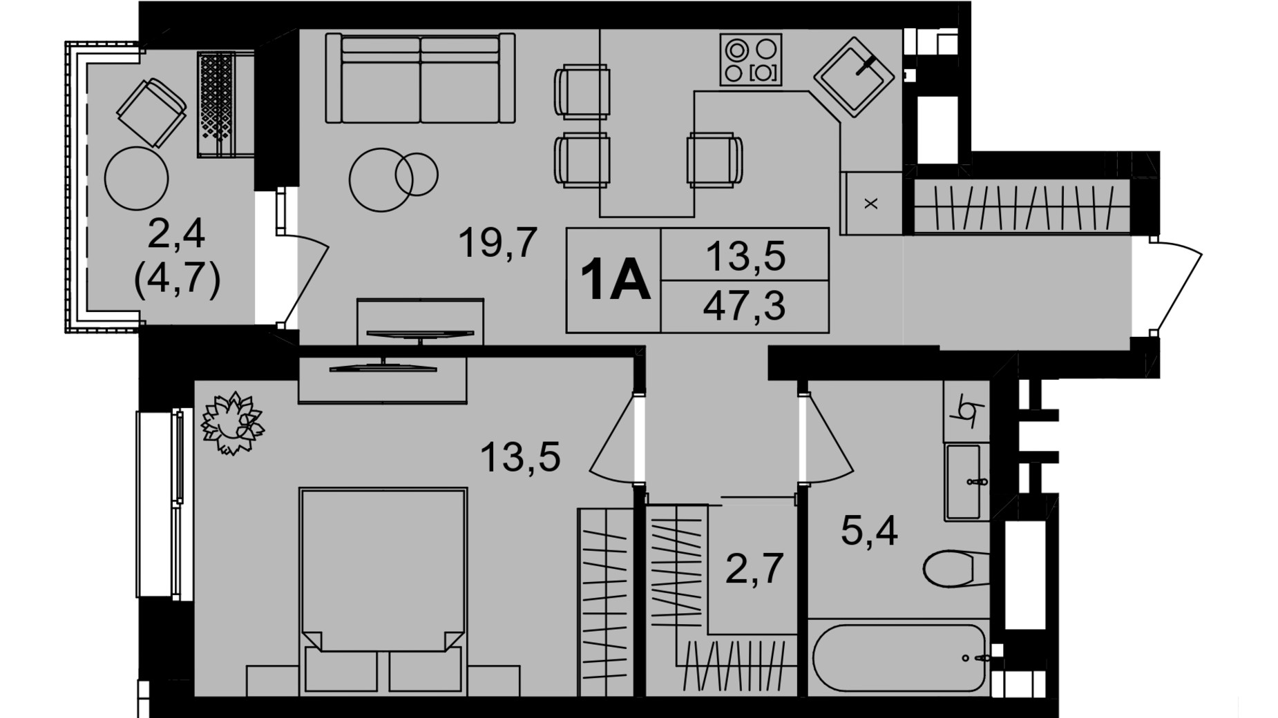 Планування 1-кімнатної квартири в ЖК Central Park Vinnytsia 48 м², фото 671789