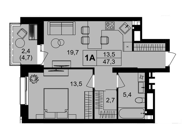 ЖК Central Park Vinnytsia: планировка 1-комнатной квартиры 48 м²