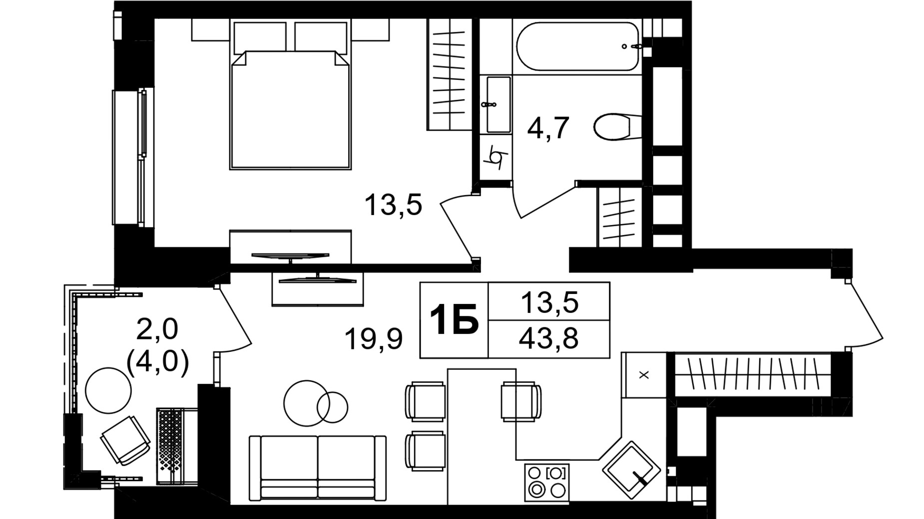 Планировка 1-комнатной квартиры в ЖК Central Park Vinnytsia 44 м², фото 671791