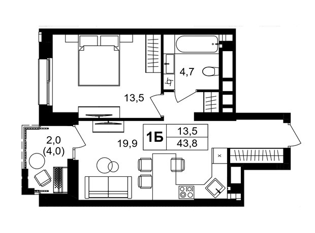 ЖК Central Park Vinnytsia: планировка 1-комнатной квартиры 44 м²