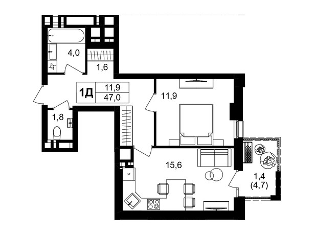 ЖК Central Park Vinnytsia: планировка 1-комнатной квартиры 45.7 м²