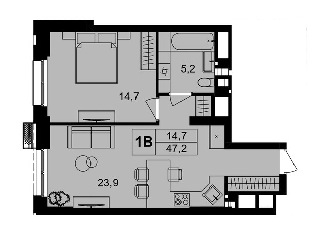 ЖК Central Park Vinnytsia: планування 1-кімнатної квартири 47.2 м²