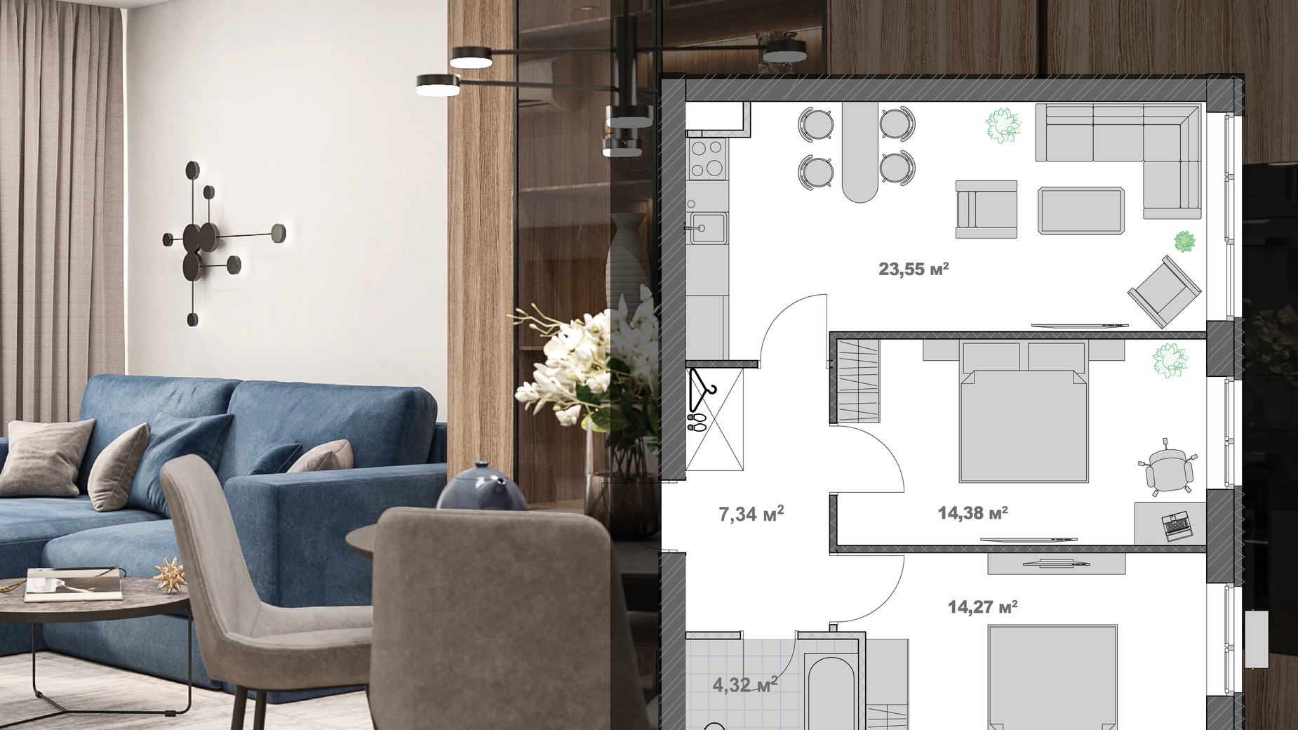 Планировка 2-комнатной квартиры в ЖК Barvy 65.91 м², фото 671838