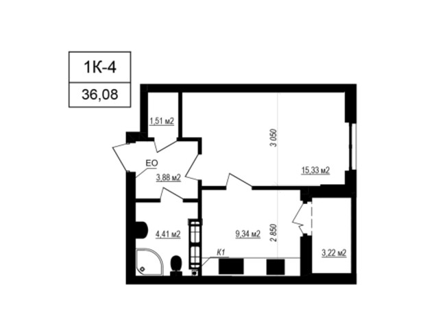 ЖК Щасливий Grand: планировка 1-комнатной квартиры 36.08 м²