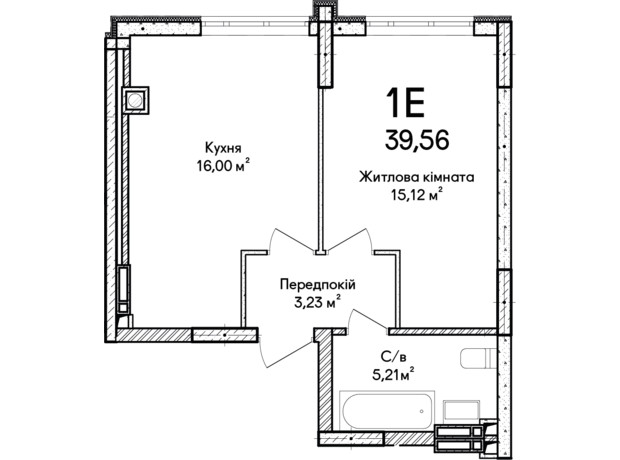 ЖК Синергия Сити: планировка 1-комнатной квартиры 39 м²