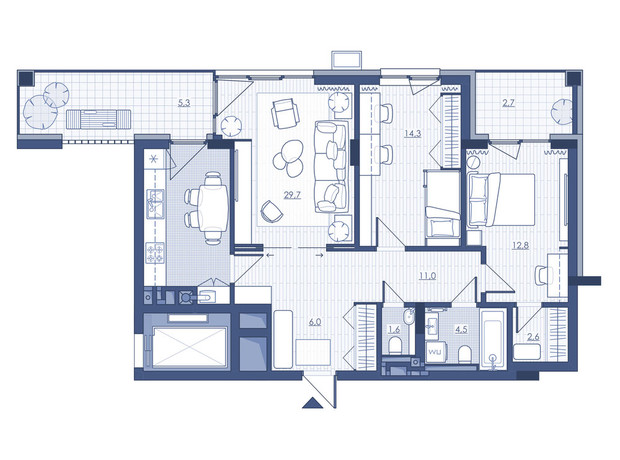 ЖК Під Зорями: планування 3-кімнатної квартири 90.3 м²