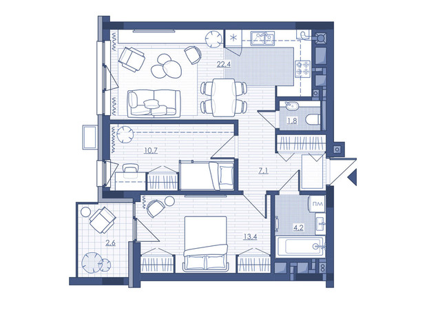 ЖК Під Зорями: планування 3-кімнатної квартири 62.3 м²