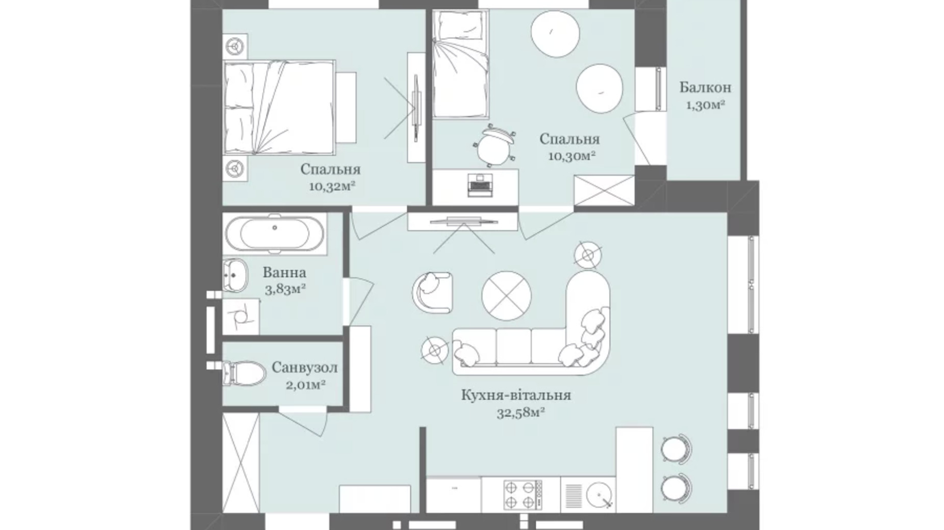 Планування 2-кімнатної квартири в ЖК West Towers 61.04 м², фото 672508