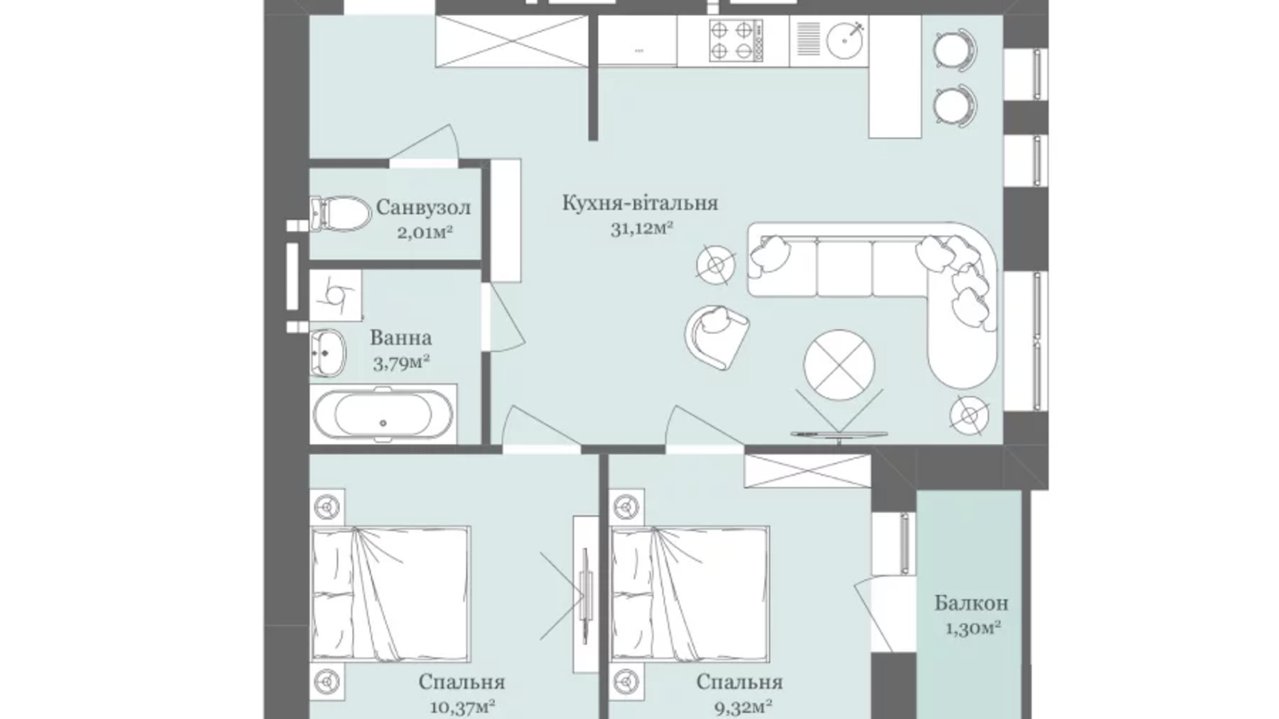 Планировка 2-комнатной квартиры в ЖК West Towers 56.81 м², фото 672510