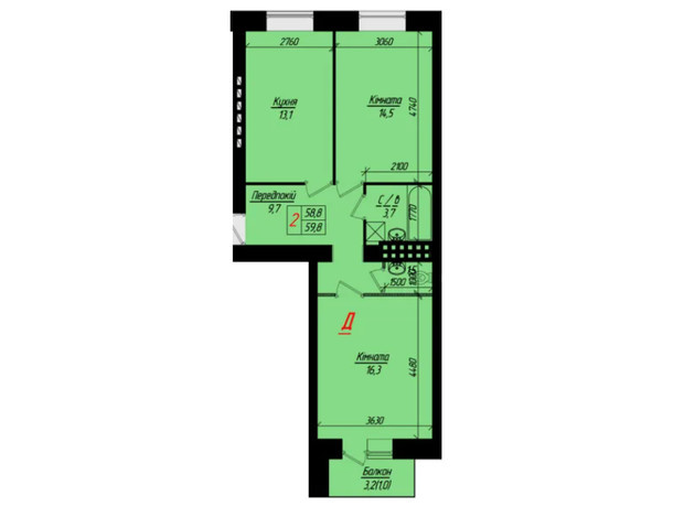 ЖК Глибока Долина: планування 1-кімнатної квартири 31.1 м²