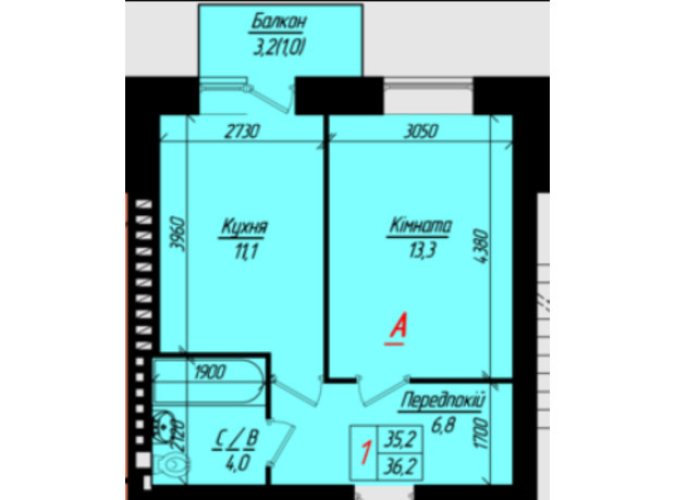 ЖК Глибока Долина: планування 1-кімнатної квартири 39.4 м²
