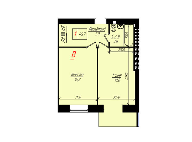 ЖК Глибока Долина: планировка 2-комнатной квартиры 45.6 м²