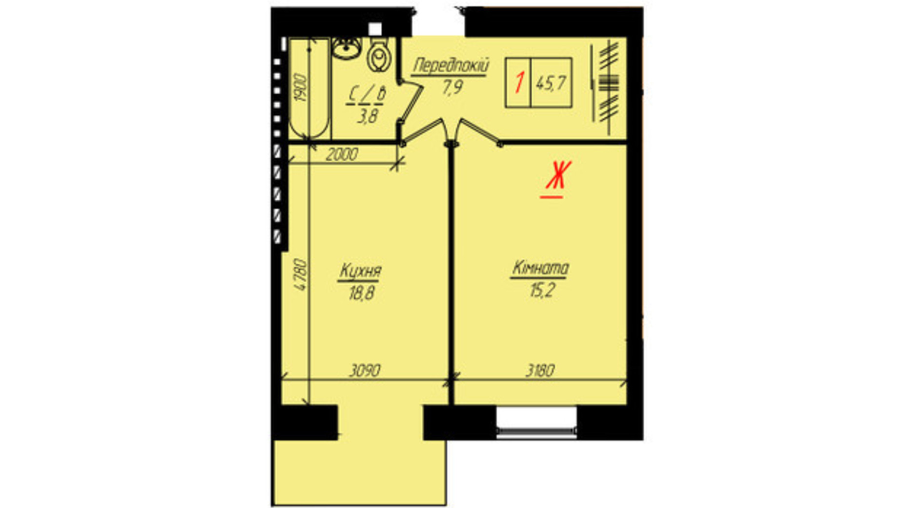 Планировка 1-комнатной квартиры в ЖК Глибока Долина 45.8 м², фото 672516