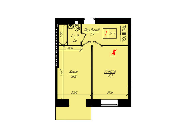 ЖК Глибока Долина: планировка 1-комнатной квартиры 45.8 м²