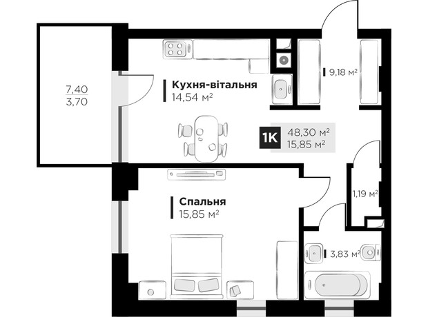 ЖК HYGGE lux: планування 1-кімнатної квартири 49.93 м²