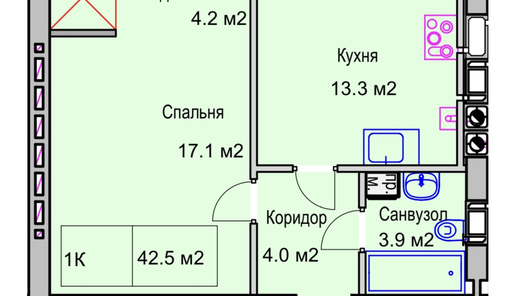 Планування 1-кімнатної квартири в ЖК Panorama de Luxe 43 м², фото 672687