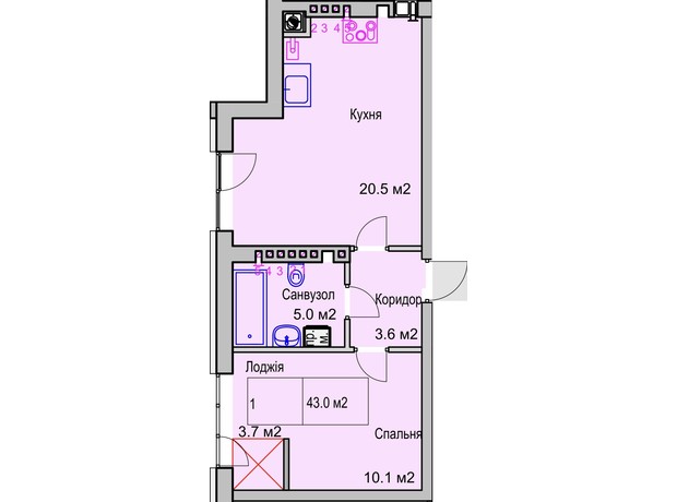 ЖК Panorama de Luxe: планировка 1-комнатной квартиры 43 м²