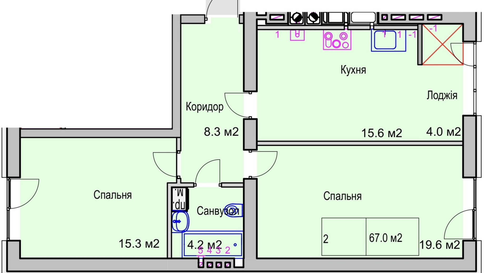 Планування 2-кімнатної квартири в ЖК Panorama de Luxe 67 м², фото 672691