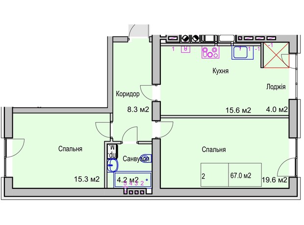 ЖК Panorama de Luxe: планування 2-кімнатної квартири 67 м²