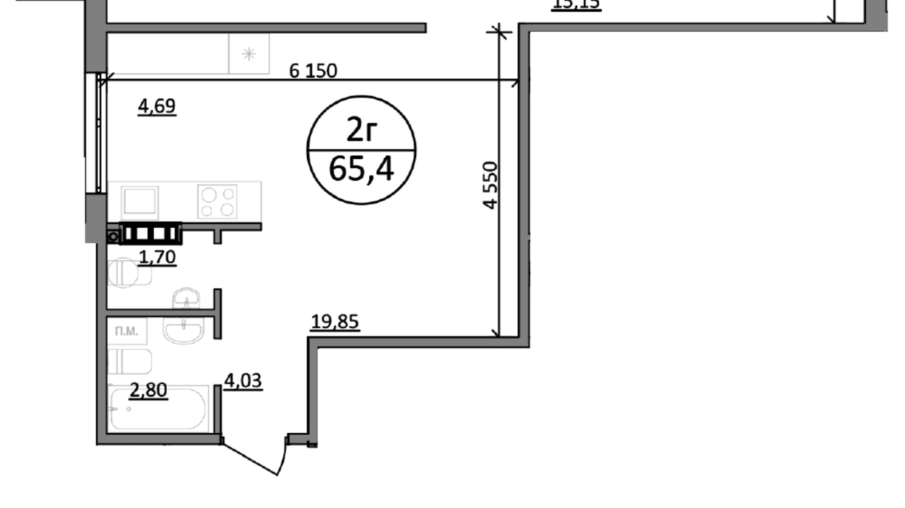 Планування 2-кімнатної квартири в ЖК Парксайд 65.4 м², фото 672766