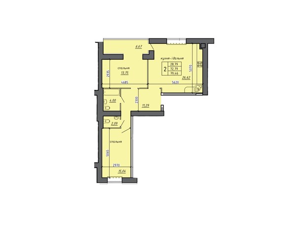 ЖК Нові Байківці: планування 2-кімнатної квартири 79.46 м²