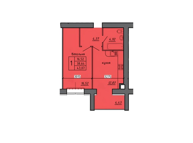 ЖК Новые Байковцы: планировка 1-комнатной квартиры 43.07 м²