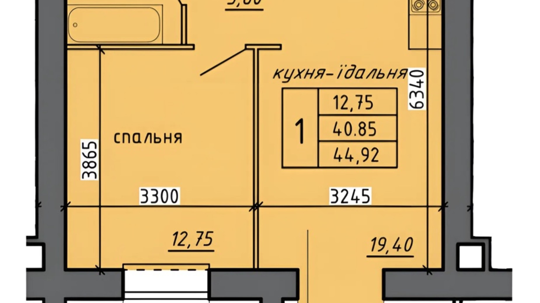 Планування 1-кімнатної квартири в ЖК Нові Байківці 44.92 м², фото 672784