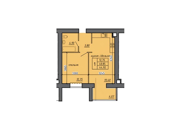 ЖК Нові Байківці: планування 1-кімнатної квартири 44.92 м²