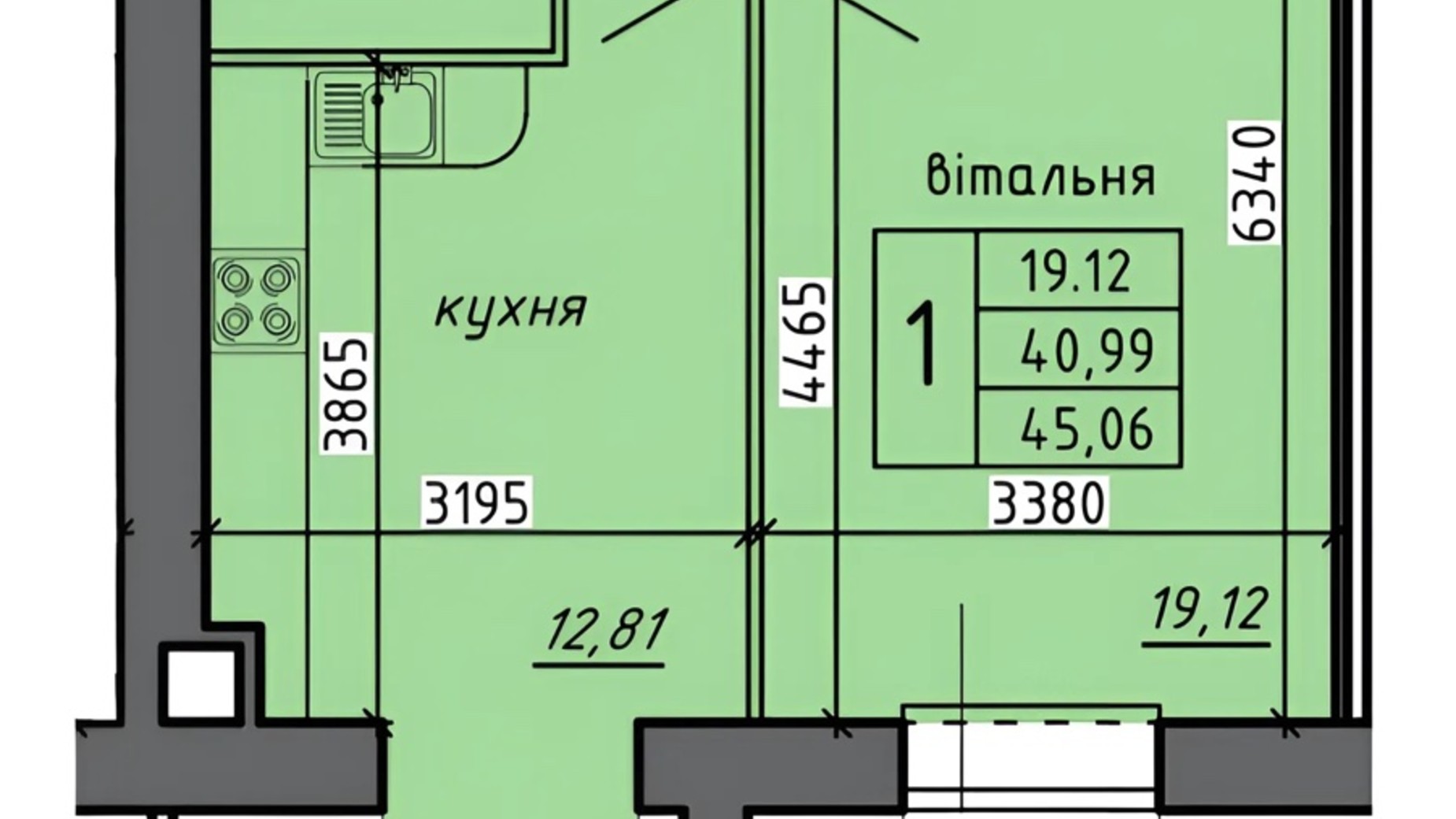 Планировка 1-комнатной квартиры в ЖК Новые Байковцы 45.06 м², фото 672785