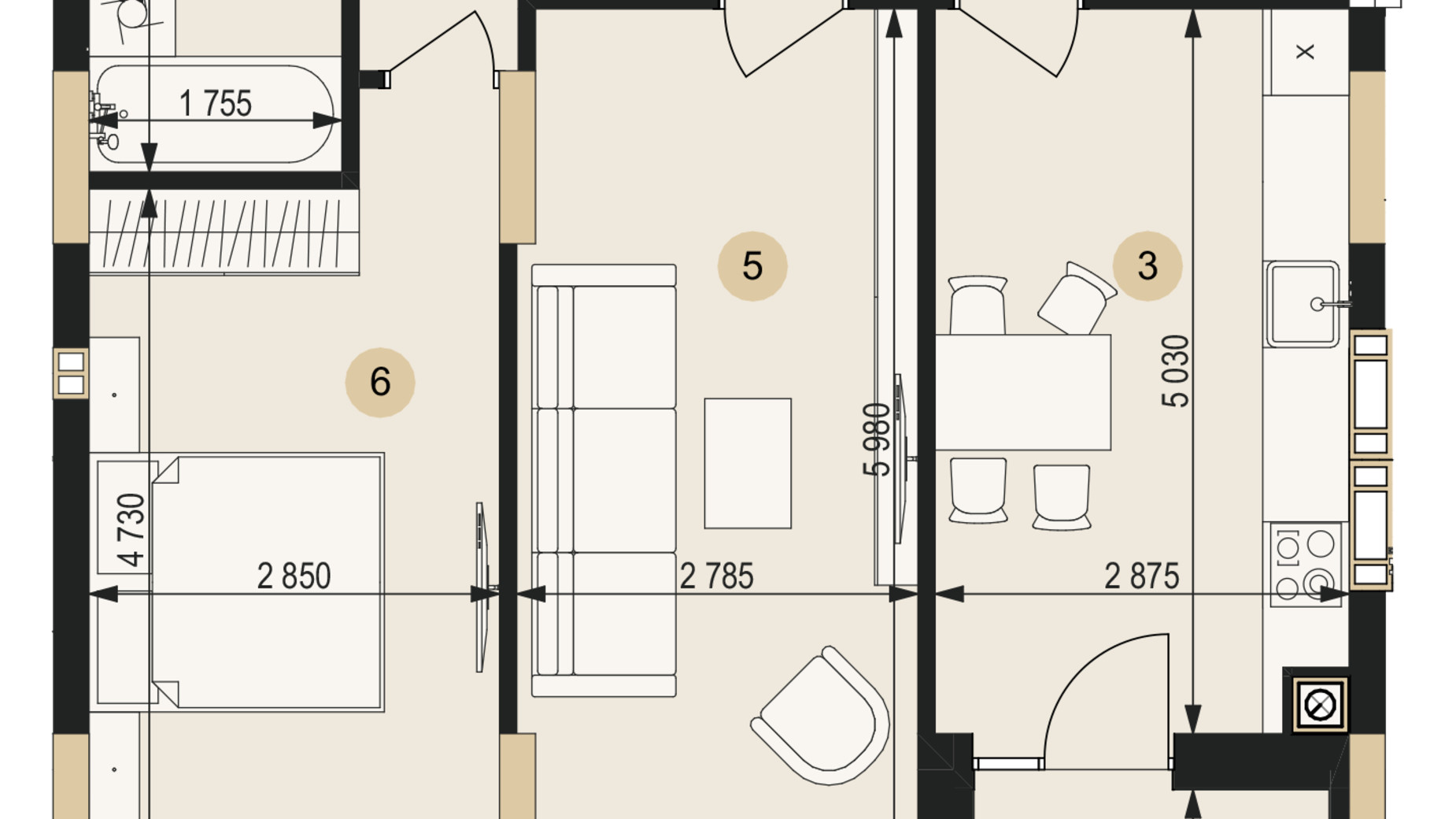 Планировка 2-комнатной квартиры в ЖК Венглинский 64.25 м², фото 672896