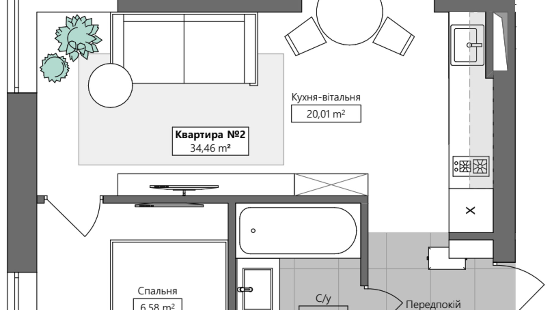 Планировка 1-комнатной квартиры в ЖК Q.Side 34.46 м², фото 673061