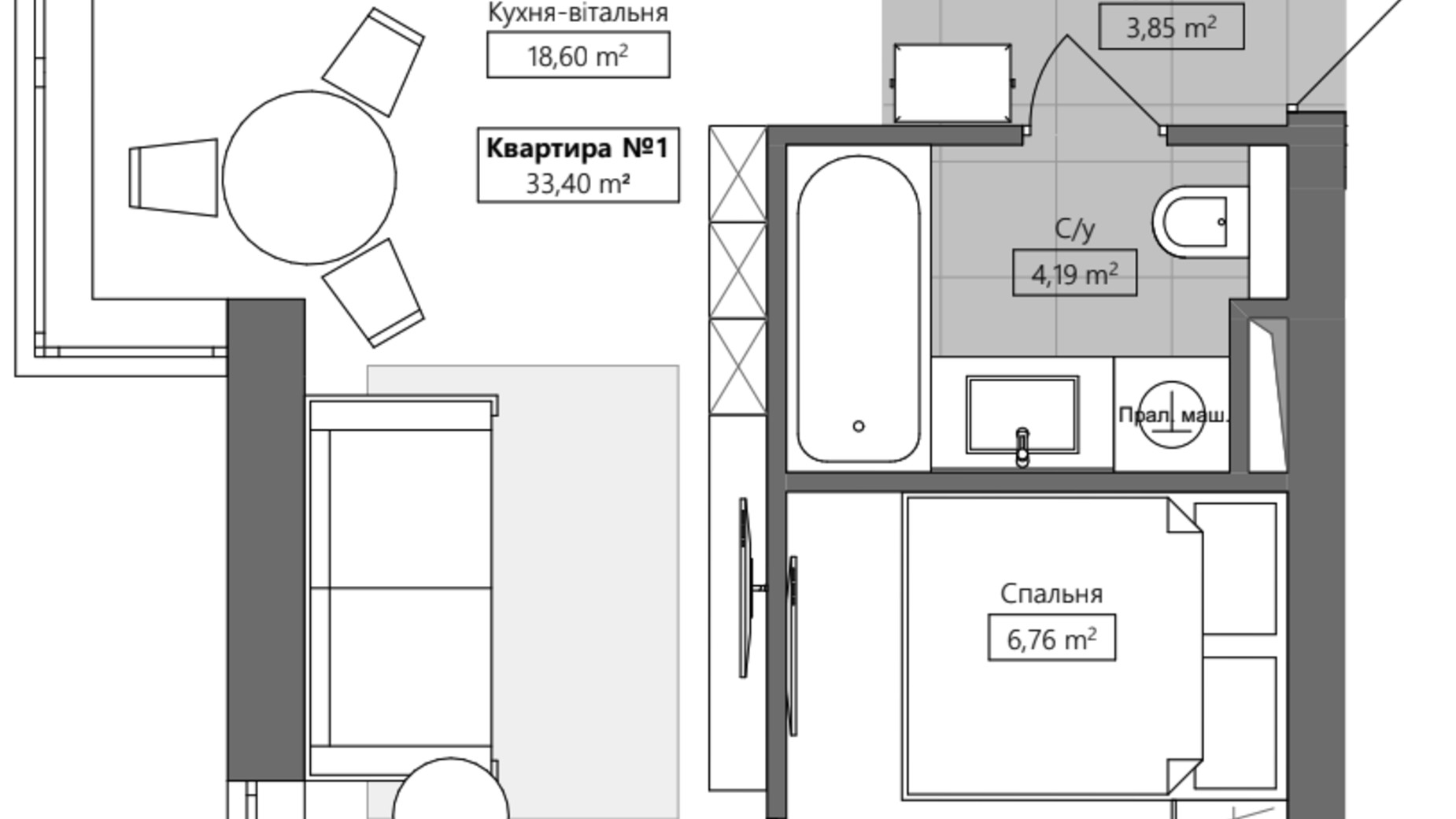 Планування 1-кімнатної квартири в ЖК Q.Side 33.4 м², фото 673067