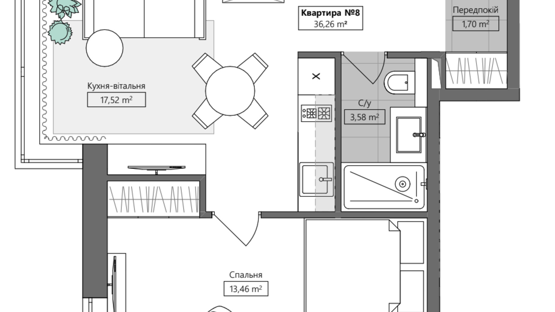 Планування 1-кімнатної квартири в ЖК Q.Side 36.26 м², фото 673070