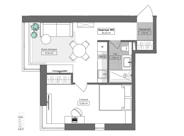 ЖК Q.Side: планування 1-кімнатної квартири 36.26 м²