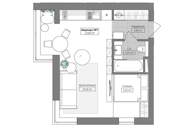 ЖК Q.Side: планировка 1-комнатной квартиры 33.69 м²