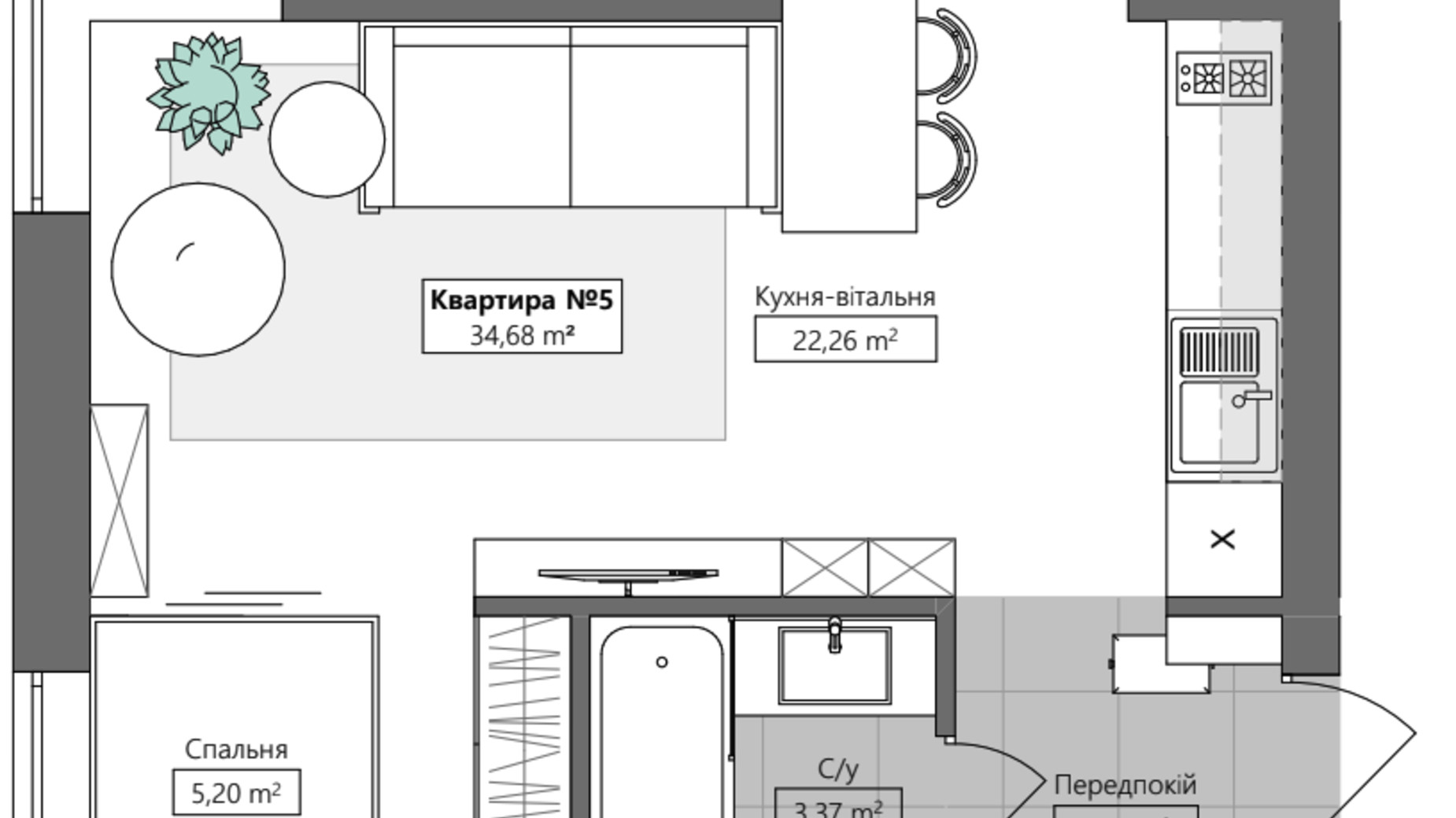 Планировка 1-комнатной квартиры в ЖК Q.Side 34.68 м², фото 673073