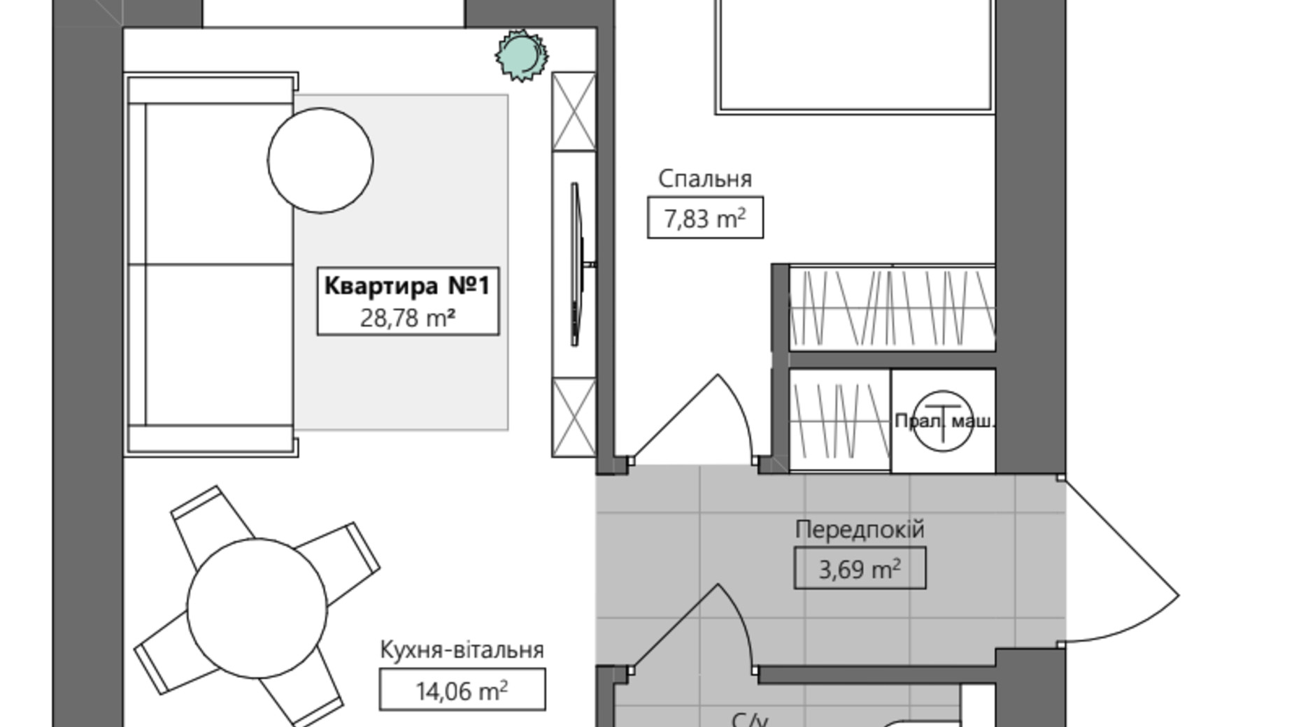 Планировка 1-комнатной квартиры в ЖК Q.Side 28.78 м², фото 673076