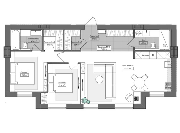 ЖК Q.Side: планування 3-кімнатної квартири 73.21 м²