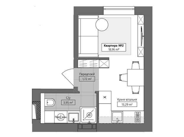 ЖК Q.Side: планування 1-кімнатної квартири 18.96 м²