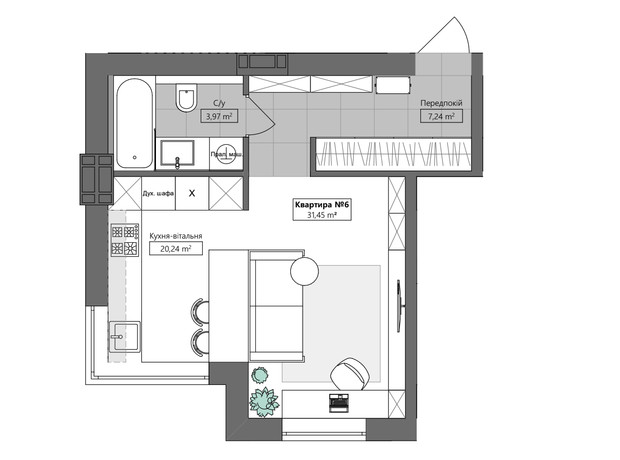 ЖК Q.Side: планування 1-кімнатної квартири 31.45 м²