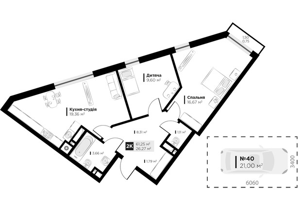 ЖК ARTHOUSE park: планування 2-кімнатної квартири 64.97 м²