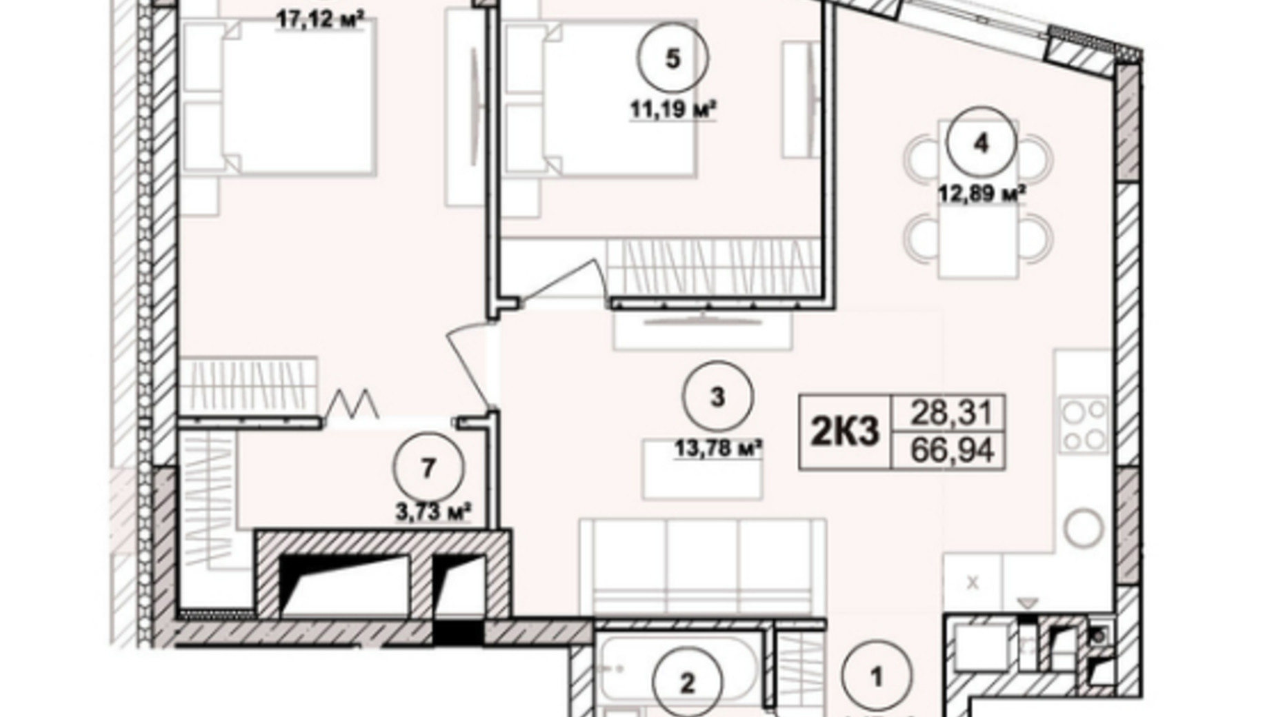 Планировка апартаментов в ЖК Milltown 66.94 м², фото 673195