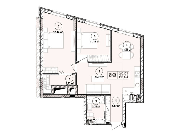 ЖК Milltown: планування 2-кімнатної квартири 66.94 м²