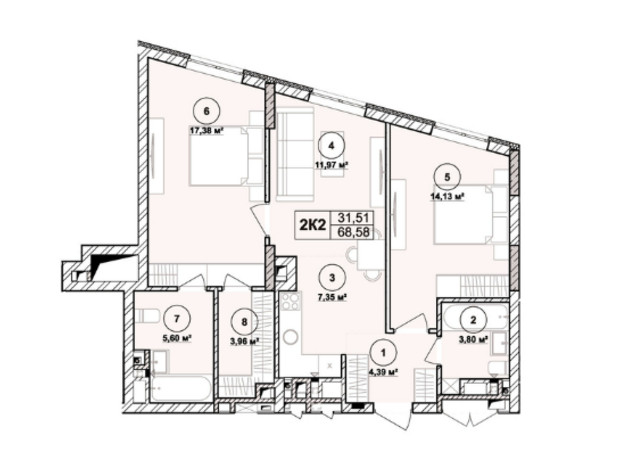 ЖК Milltown: планировка 2-комнатной квартиры 68.58 м²