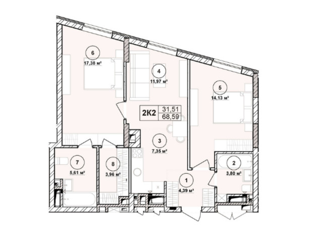 ЖК Milltown: планировка 2-комнатной квартиры 68.59 м²