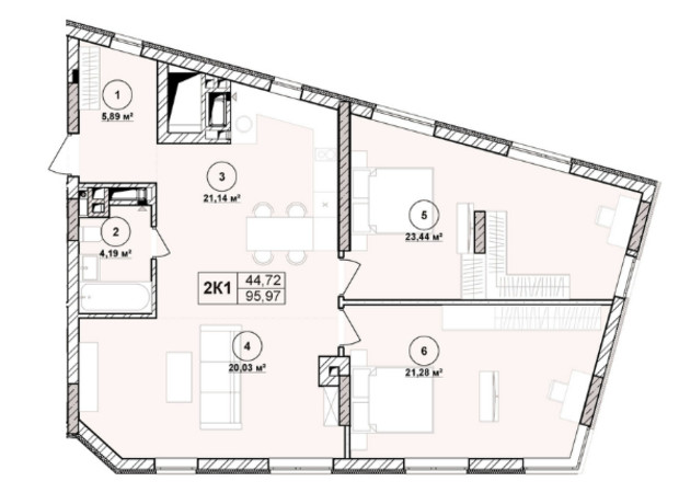 ЖК Milltown: планировка 2-комнатной квартиры 95.97 м²