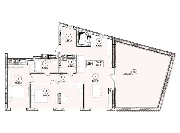 ЖК Milltown: планування 2-кімнатної квартири 98.81 м²