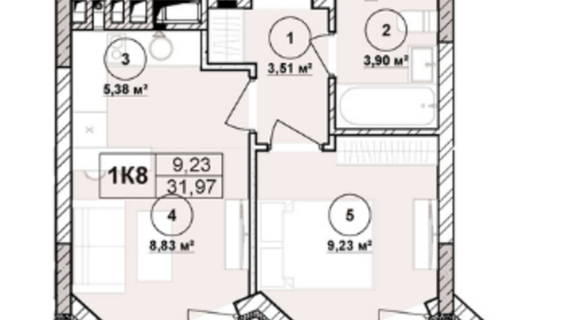 Планировка апартаментов в ЖК Milltown 31.97 м², фото 673234