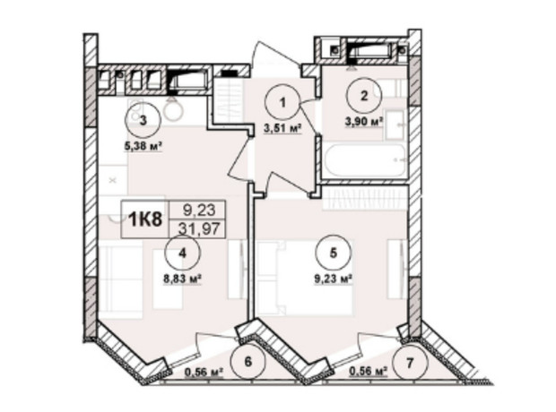 ЖК Milltown: планування 1-кімнатної квартири 31.97 м²